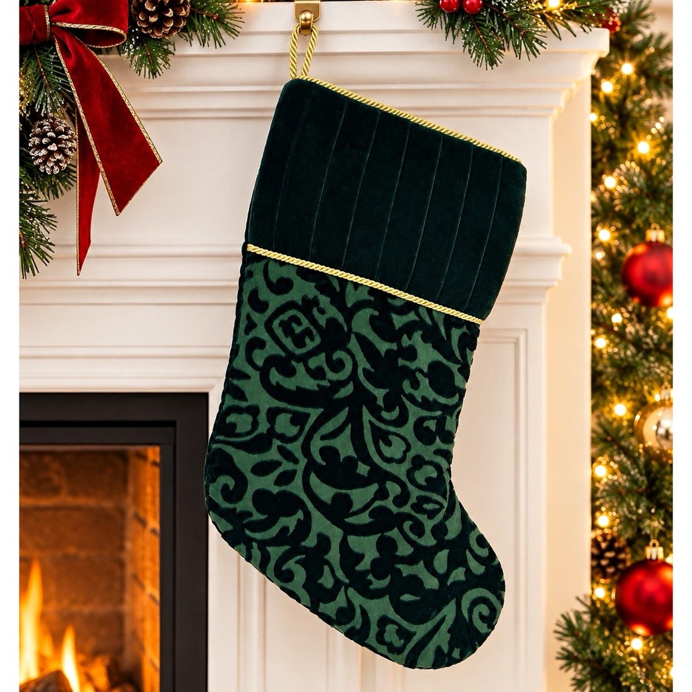 Green Velvet Damask Christmas Stocking Gold Cord Trim Elegant Holiday 18"